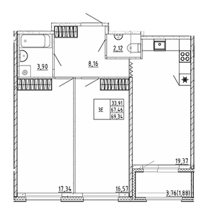 2-комнатная квартира 69.34 м², 8/12 эт., ЖК «UP! Квартал Воронцовский»